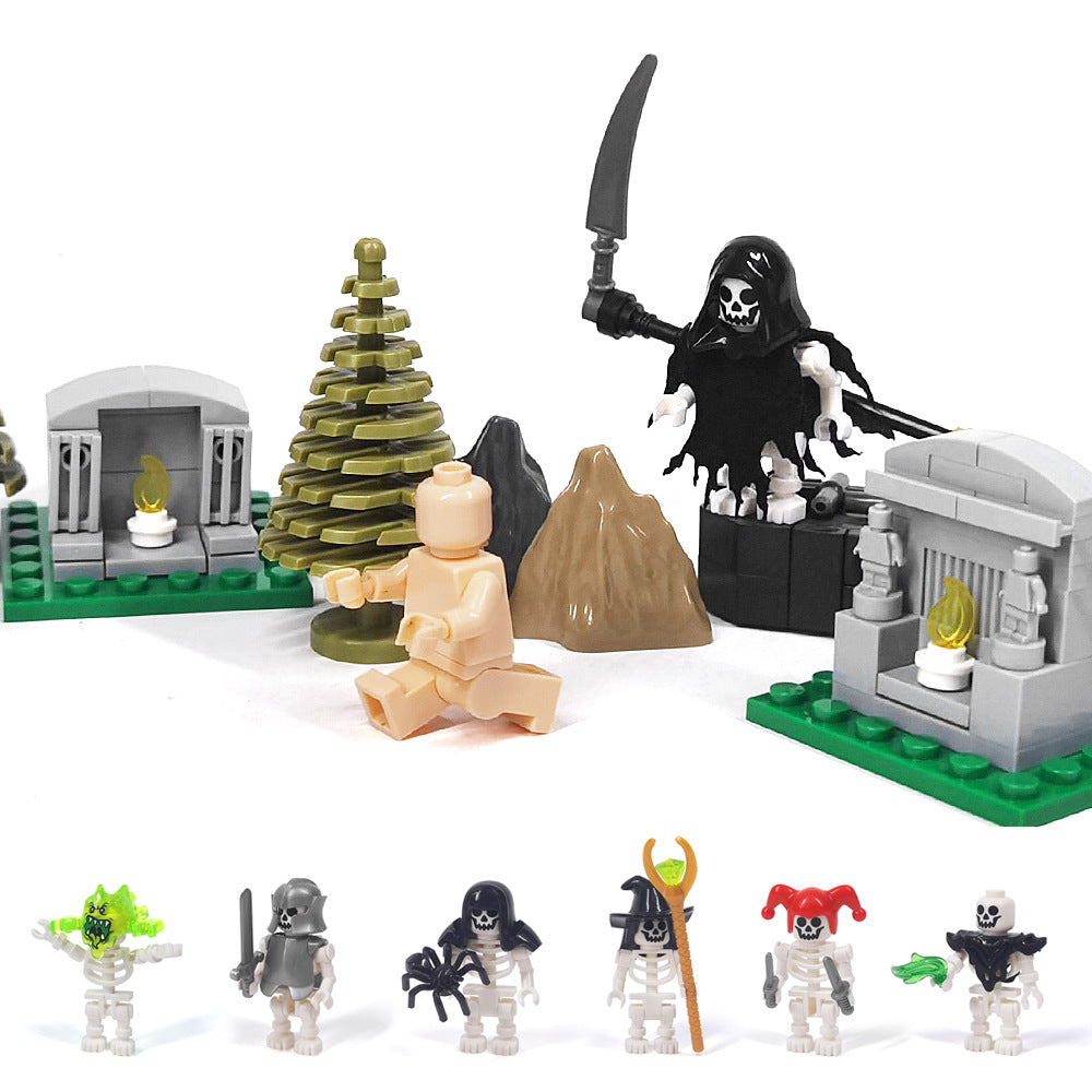 Halloween Skeleton Figurines, Ghost and Death God Figures, Cemetery Building Block Scenes Figurines
