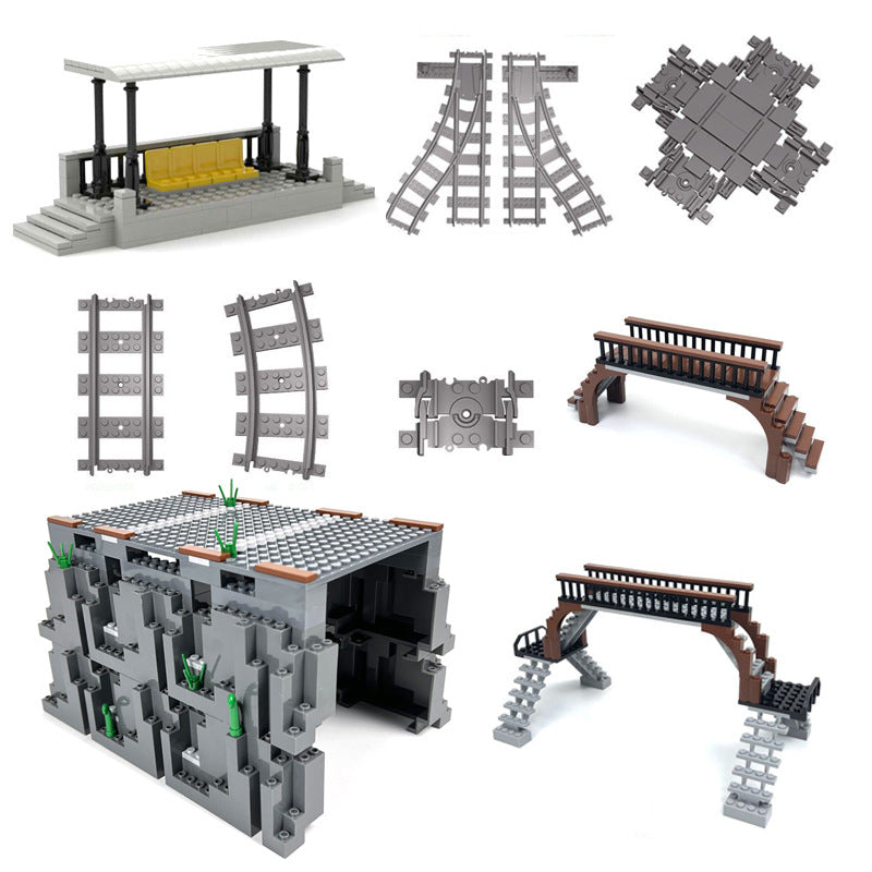 Train Track Scene, Small Particle Building Block Track Accessories, DIY Train Track Tunnel Waiting Shelter Set
